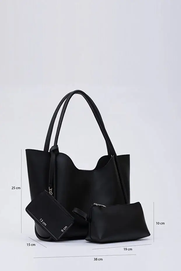 Black SHK108 Faux Leather Women Hand And Shoulder Bag With Wallet And Makeup Bag