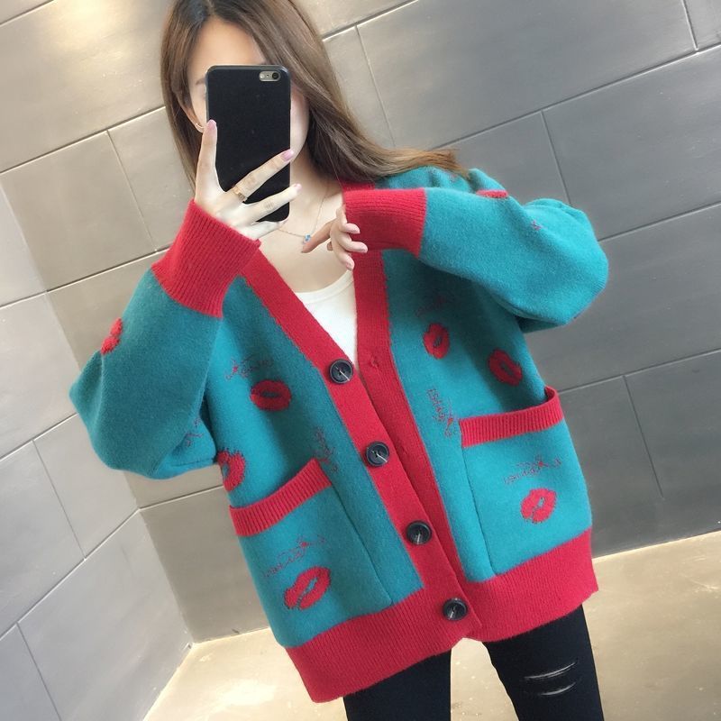 Women's Loose And Lazy Printed Single-breasted Knitted Jacket