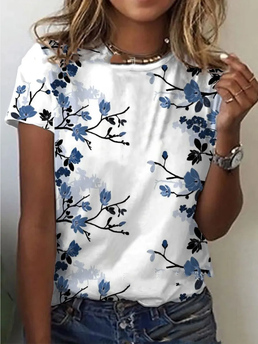 New Women's Floral Print Blouse Round Neck Short-sleeved T-shirt - Blue