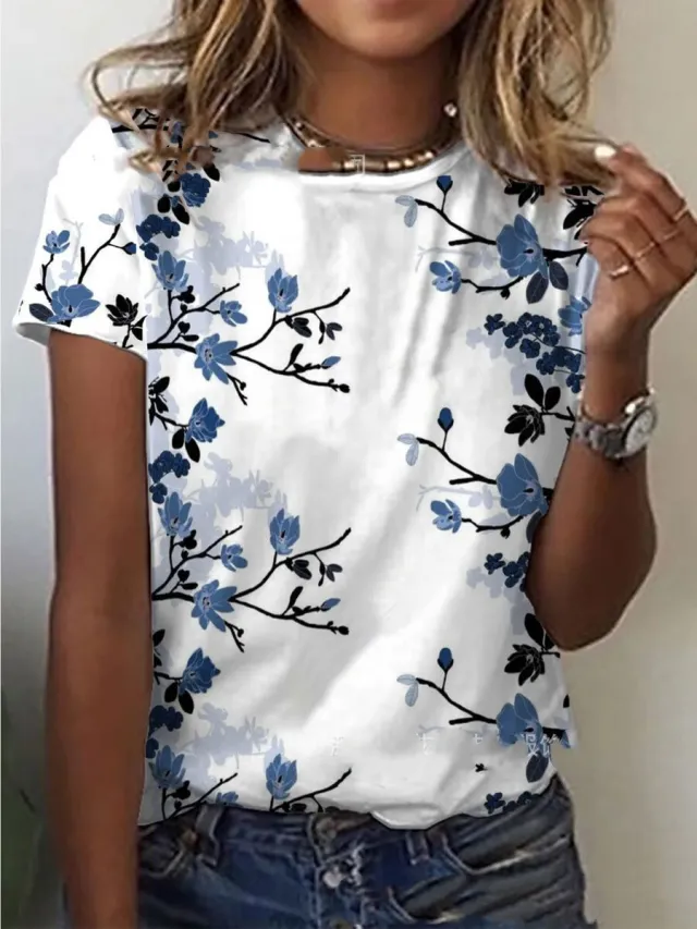 New Women's Floral Print Blouse Round Neck Short sleeved T shirt Blue - Shop at LoveMi