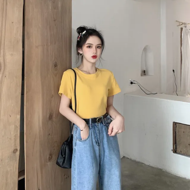 Candy Crew Neck Short Sleeve Top Women's Loose Inner Bottoming Shirt Western Style Short Sleeve T Shirt Yellow - Shop at LoveMi
