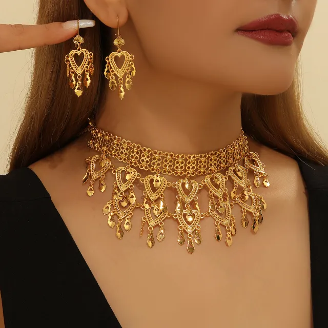 Fashionable Retro Luxury Heart shaped Hollow Necklace Earrings Women's Set, Suitable For Party And Dance Gifts, Daily Wear Golden - Shop at LoveMi