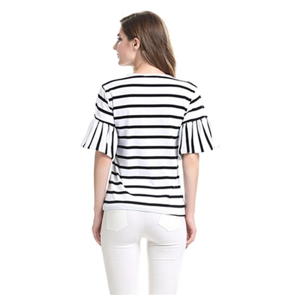 Striped Lotus Leaf Sleeve Round Neck Loose Large Size Casual All-match T-shirt