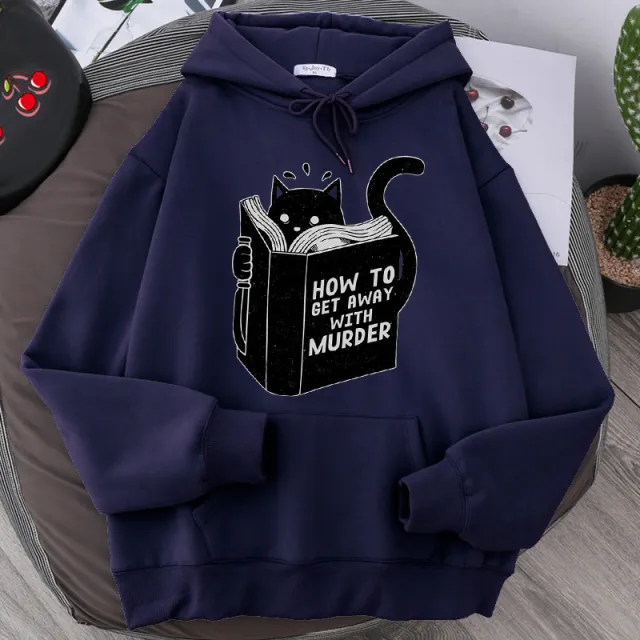 Men's And Women's Hooded Sweater Cartoon Anime Cute Cat Reading Print Sweatshirt Navy - Shop at LoveMi
