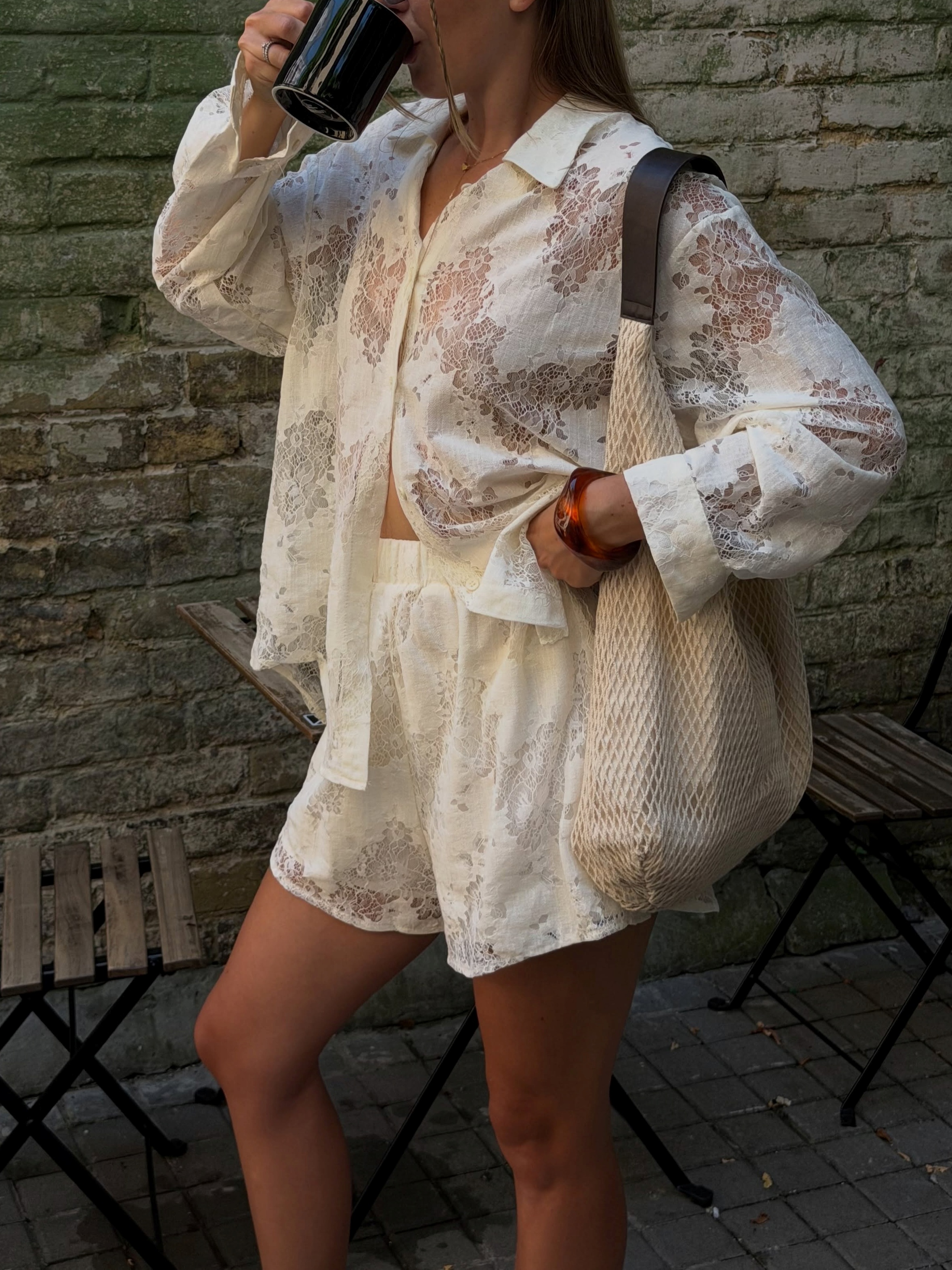 Floral Sheer Lace Oversized Shirt & Elastic Waist Lace Shorts 2-Piece Co-Ord Set 3
