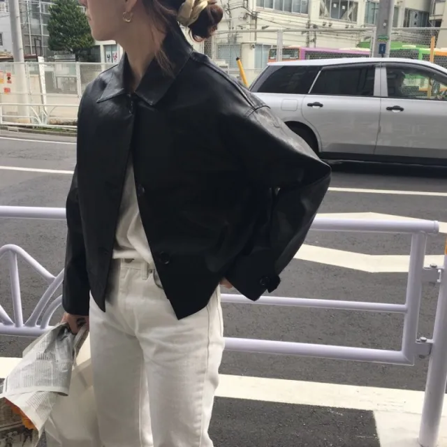 Handsome Retro Simple Casual Loose All match Solid Color Matte Leather Jacket Black - Shop at LoveMi