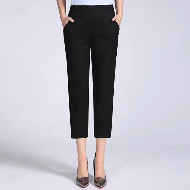 Thin Cotton Cropped Summer Elastic Waist Women's Pants Black - Shop at LoveMi