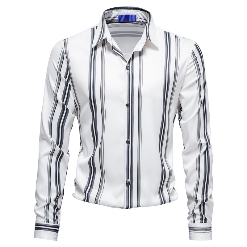 Autumn And Winter New Foreign Trade Men's Vertical Stripes Printed Long-sleeved Shirt