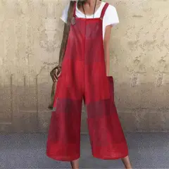 Loose And Thin Cotton And Linen Check Strap Long Jumpsuit - Red - View 1
