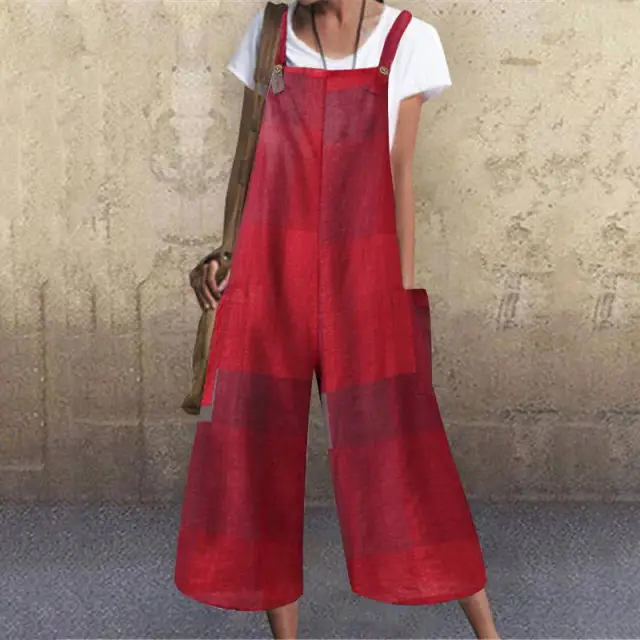 Loose And Thin Cotton And Linen Check Strap Long Jumpsuit Red - Shop at LoveMi