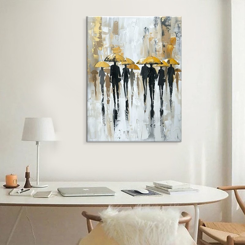 Hand-Painted Oil Paintings On Canvas Abstract Rain Street Pedestrian Painting Wall Picture For Living Room Home Decor Art No Framed