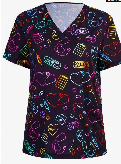 بلوزة طبية نسائية بطبعة زاهية مقاس كبير بياقة V وأكمام قصيرة