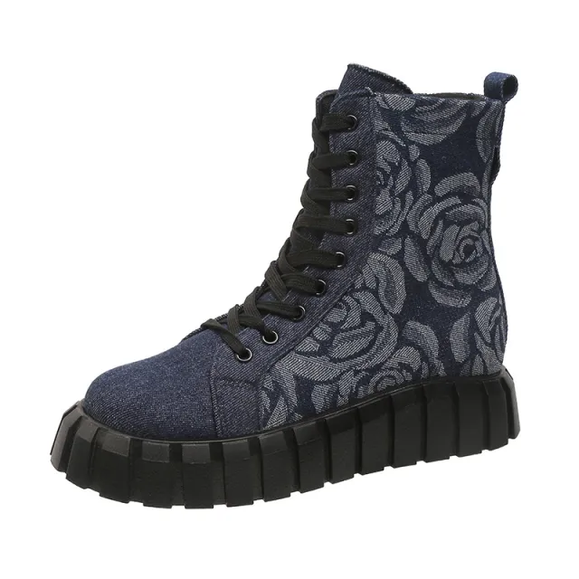 Women's Ankle Boots Floral Rose Pattern Platform Shoes Round Toe Lace up Casual Boots Winter Flat Short Boot Blue - Shop at LoveMi