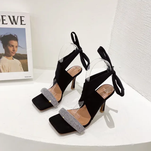 European And American Stiletto Heel Sandals With Rhinestone Straps Black - Shop at LoveMi