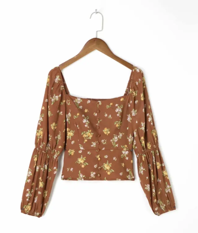Women's Slim Fit Long Sleeve Printed Blouse Brown - Shop at LoveMi
