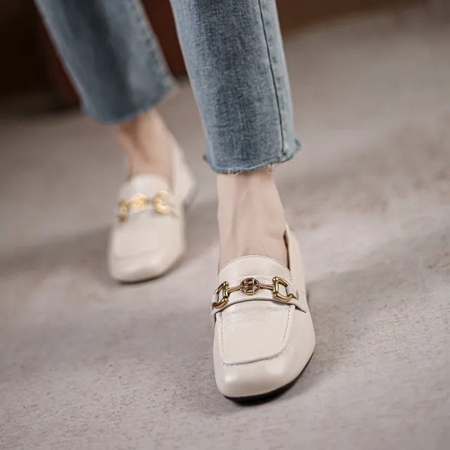 Horsebit Loafer Women's Leather Mid heel Square Toe Women's Shoes Beige - Shop at LoveMi