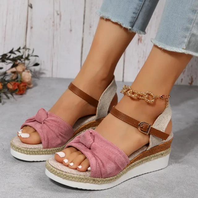 New Thick soled Bow Sandals Summer Fashion Casual Linen Buckle Wedges Shoes For Women Pink - Shop at LoveMi