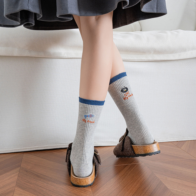 Cute Cat Embroidered Ribbed Crew Socks, Casual Color Block Ankle Socks, Cozy Knit Socks For Daily Wear
