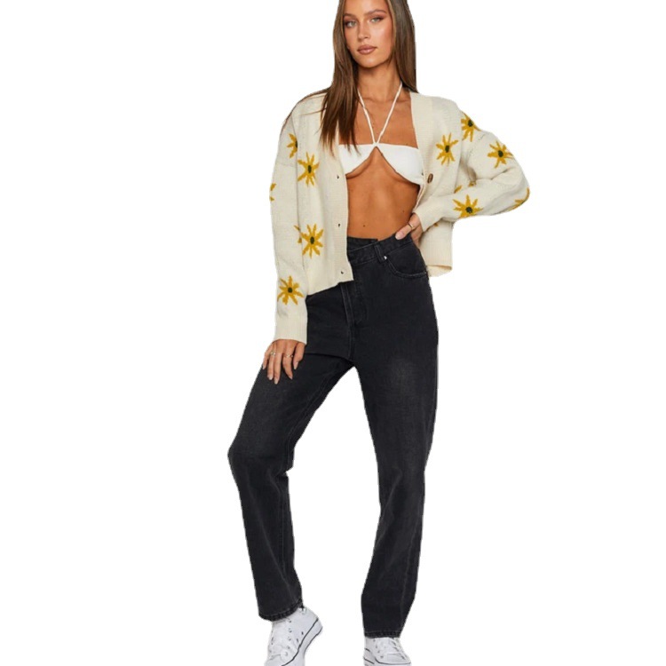 Title 1, College Wind Sunflower Knitted Jacket Loose V-n...