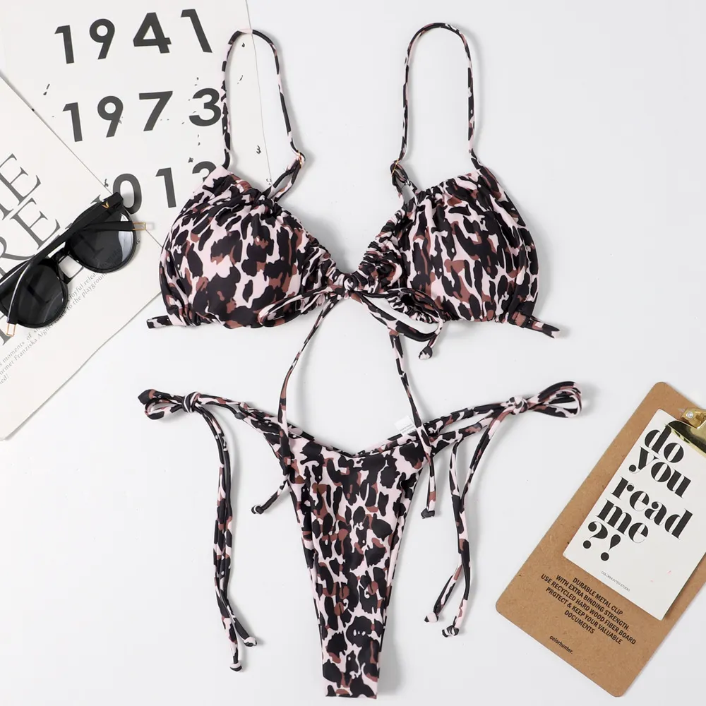 Ladies Swimsuit Solid Colour Split Drawstring Sexy Thong Bikini Swimsuit - Leopard