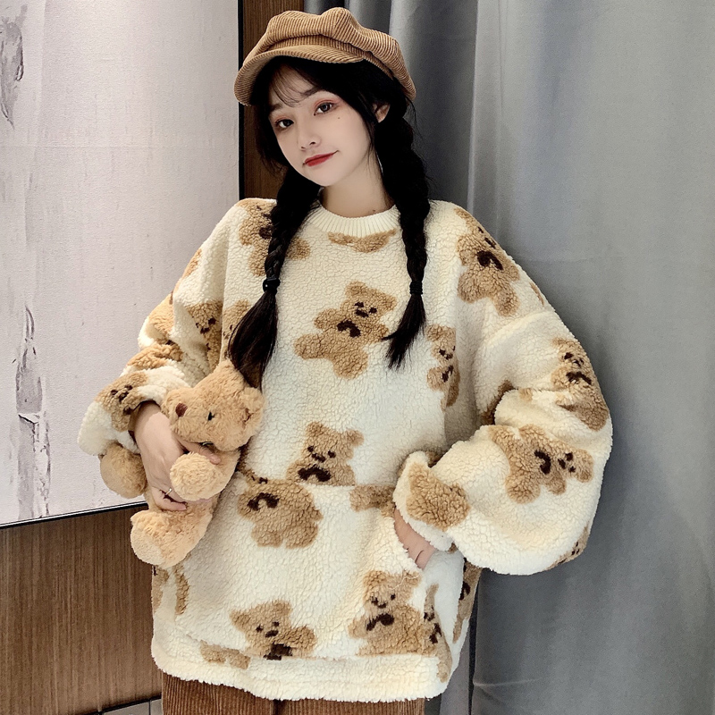 Women's Lamb Fleece Thick Bear Pattern Sweatshirt