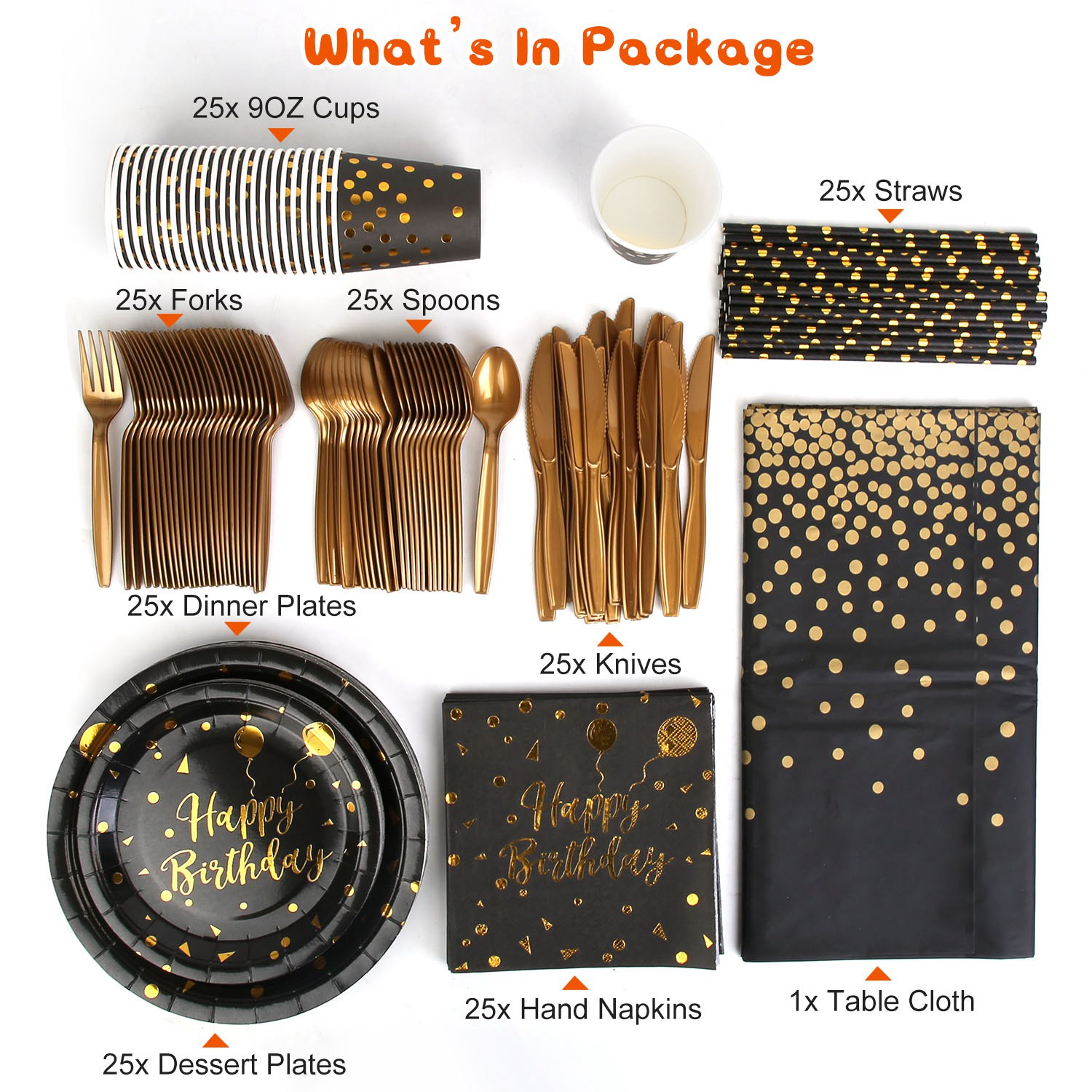 201 pièces fournitures de fête d'anniversaire en or noir pour 25 invités ensemble de – Image 7