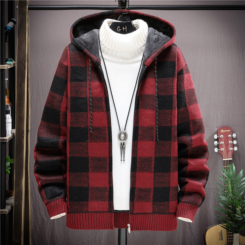 Men's Korean Version Hooded Men's Knitted Cardigan Plus Velvet Padded Jacket