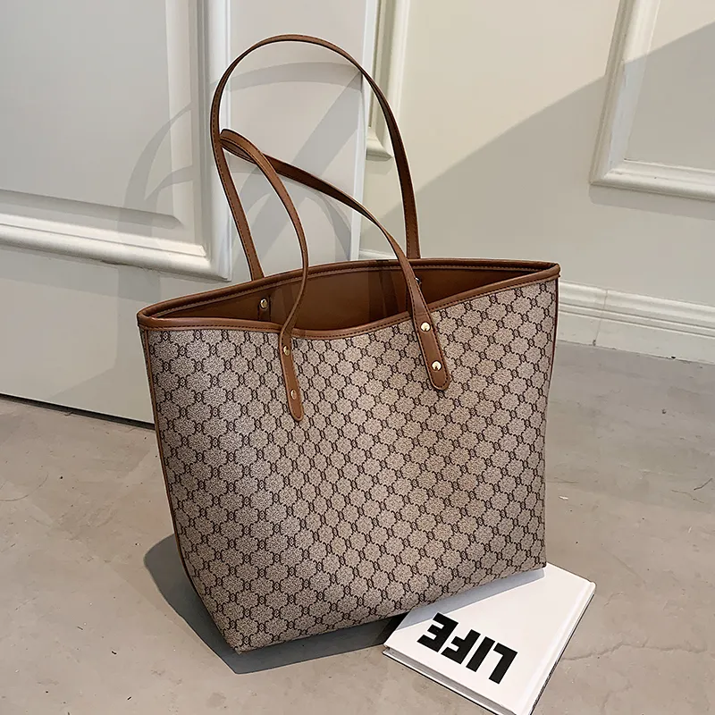 Handbag For Women Trends Brand Designer Striped Shopper Shoulder Shopping Bag - Brown