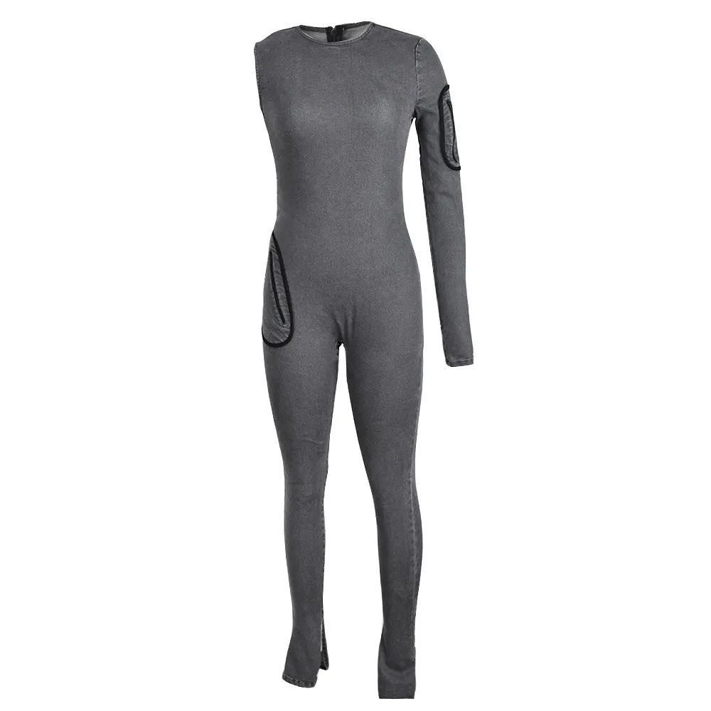European And American Women's Autumn Skinny Denim Jumpsuit - Grey
