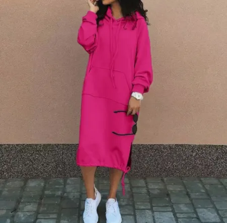Casual Long sleeved Hooded Sweater With Pocket Fashion Drawstring Long Sweatshirt Womens Clothing Rose - Shop at LoveMi