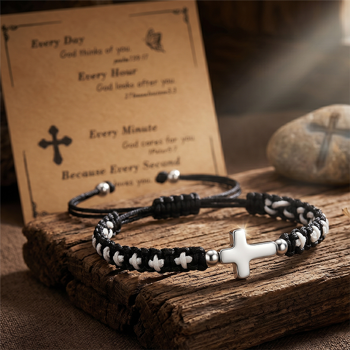 Handmade Braided Cross Bracelet For Men Women, Stainless Steel Religious Protection Bracelet, Adjustable Nylon Cord Christian Gift With Scripture Card
