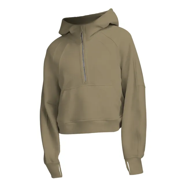 New Women's Sports Fitness Half Zip Hoodie Fleece Khaki - Shop at LoveMi
