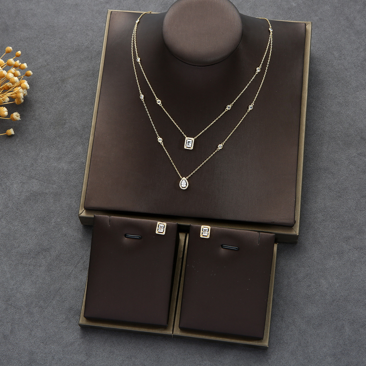 Zircon Double Drop Earrings Necklace Bridal Set