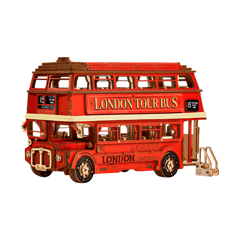 London Tour Bus 3D Wooden Puzzle Toy. Rolife 3D Puzzle Adult, DIY wooden model kit. Children 14 and older, toys. Tabletop decoration, furniture decoration, birthday, Christmas gifts. Wood piece: 255pcs; Assembly time: about 3 hours. Assembly Size: 194*78*