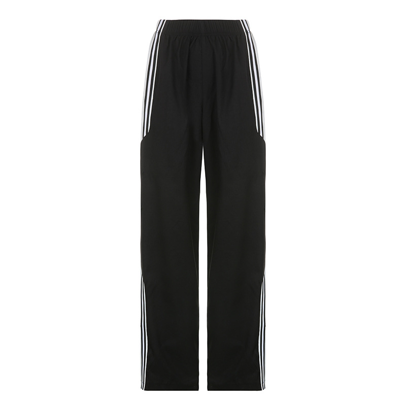 Women's New Side Seam White Stripe Color Matching Loose High waist Casual Pants White - Shop at LoveMi