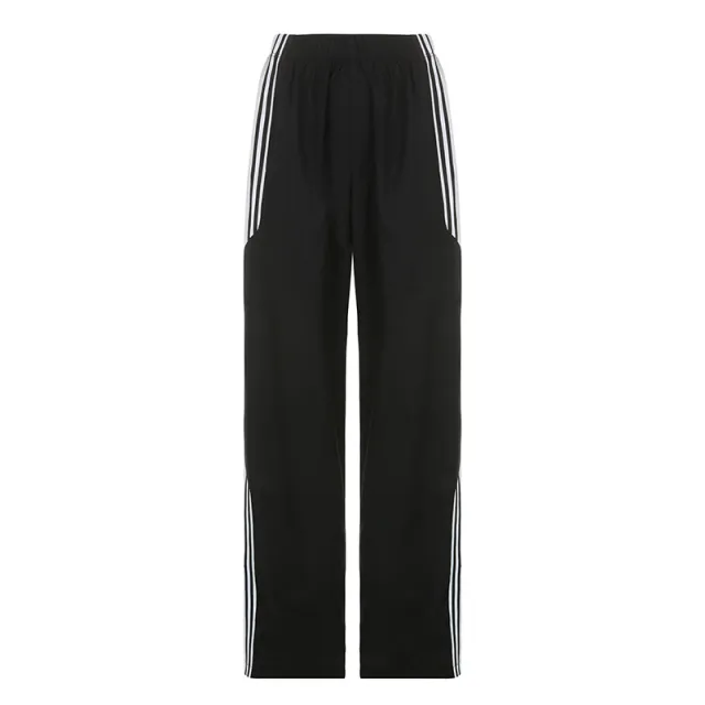 Women's New Side Seam White Stripe Color Matching Loose High waist Casual Pants Black - Shop at LoveMi