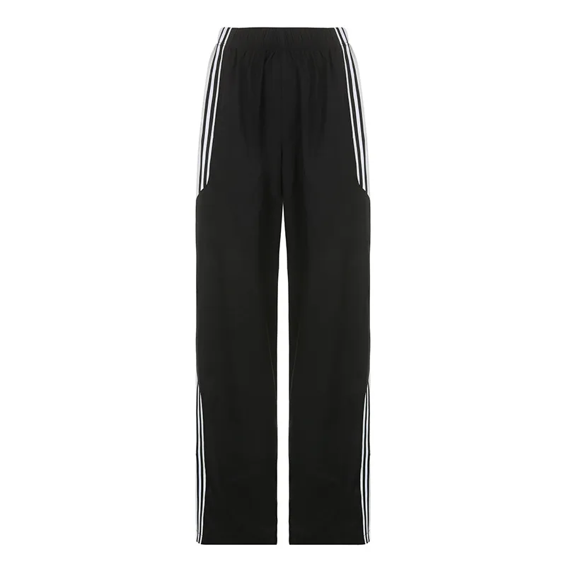 Women's New Side Seam White Stripe Color Matching Loose High-waist Casual Pants - White