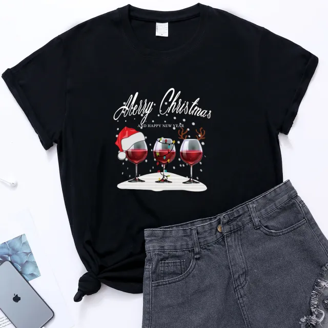 Christmas Three Wine Glasses Print Short Sleeve Black - Shop at LoveMi
