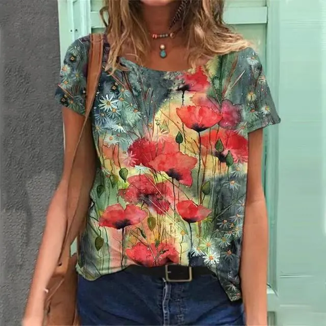 Fashion Ladies T-Shirt Flower Pattern Printing - A01Zx01743-3Xl