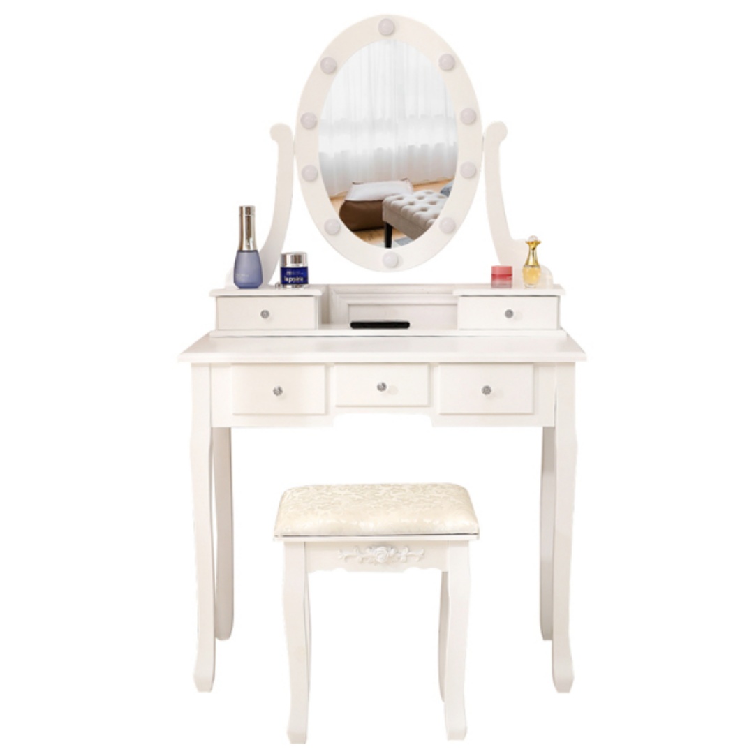 With Light Bulb Single Mirror 5 Drawer Dressing Table White 9