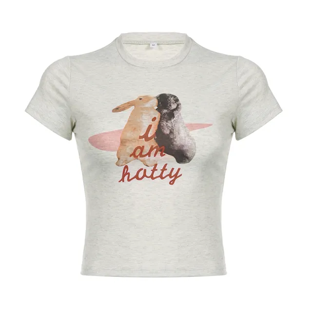 New Simple Cute Rabbit Printed Short sleeved T shirt Women's Short Basic Pullover Round Neck Base Cropped Top Gray - Shop at LoveMi