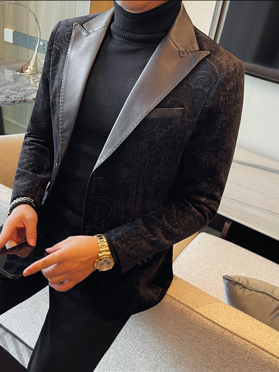 Jacquard Velvet Leather Lapel Men's Blazer
