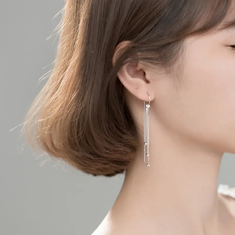 Women's Long Temperament Tassel Silver Bead Earrings