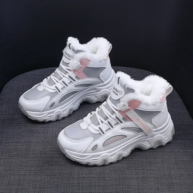 Fashion Black White Lace up Sneakers Winter Warm All match Plush Shoes Women Plus Velvet Fleece Flat High top Sports Shoes Grey - Shop at LoveMi