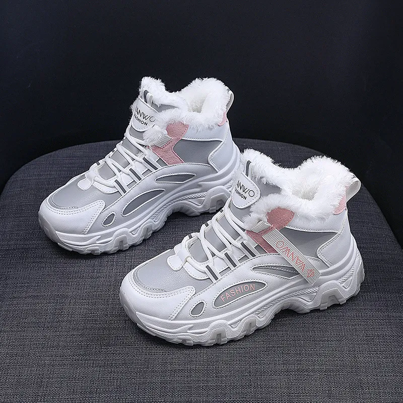 Fashion Black White Lace-up Sneakers Winter Warm All-match Plush Shoes Women Plus Velvet Fleece Flat High-top Sports Shoes - Grey