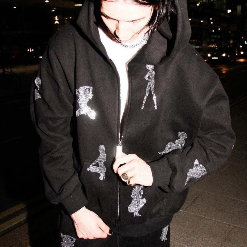 Men's And Women's Loose Character Rhinestone Pattern Hoodies