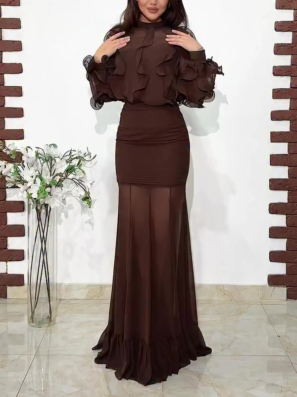 Dark Brown Ruffled Chiffon Blouse & Sheer Mermaid Maxi Skirt 2-Piece Set