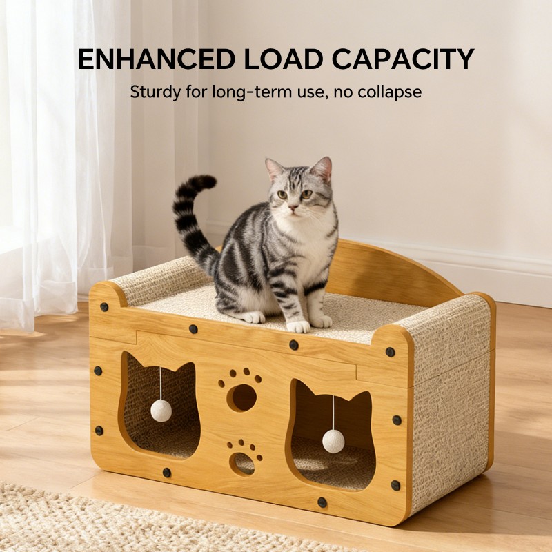 56cm Extra Large Chinese Style Double Door Cat Scratcher Sofa With Cat Head Design, With Free Catnip, For Cats Up To 20lbs