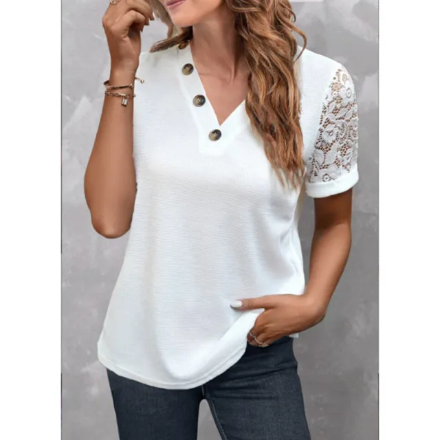 New European And American Ladies Fashion Casual Lace Stitching Short Sleeve Top White - Shop at LoveMi