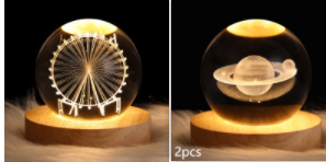 Kleine nachtlamp met kristallen bol, sterrenhemel en planeten – massiefhouten lampvoet, zonnestelsel 6 cm, 2 stuks